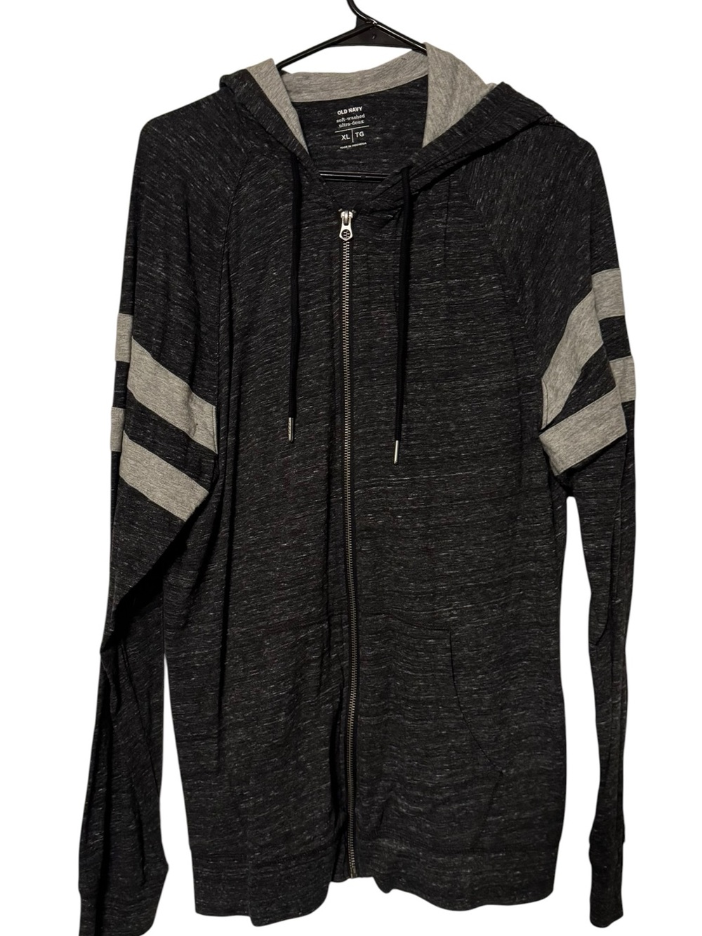 Old Navy Men’s XL Charcoal Gray Full Zip Hoodie Varsity Stripe Soft Washed